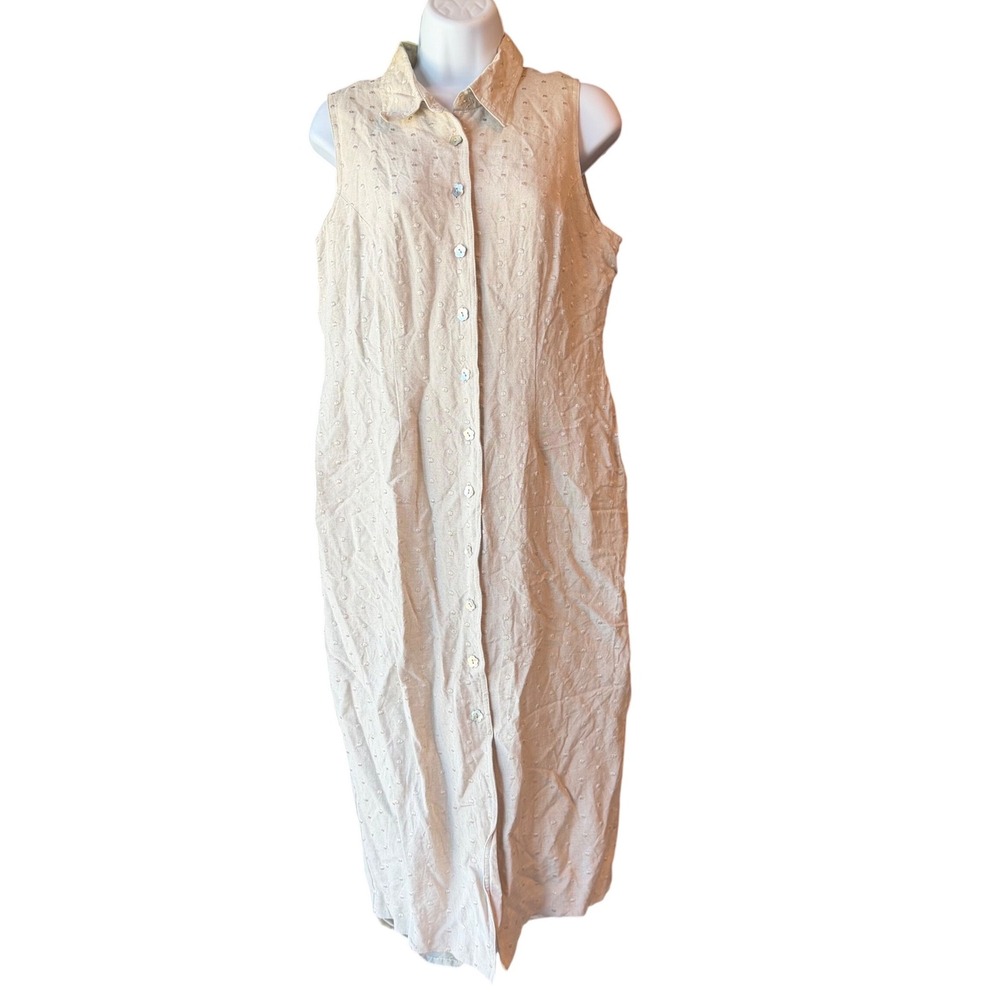 Plaza South Petite Linen Maxi Shirt Dress Beige Sz 10 Embroidered Button Front
